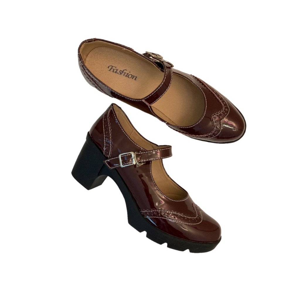 Women's Leather Classic Platform Mid-Heel Mary Jane Square Toe Dress Shoes